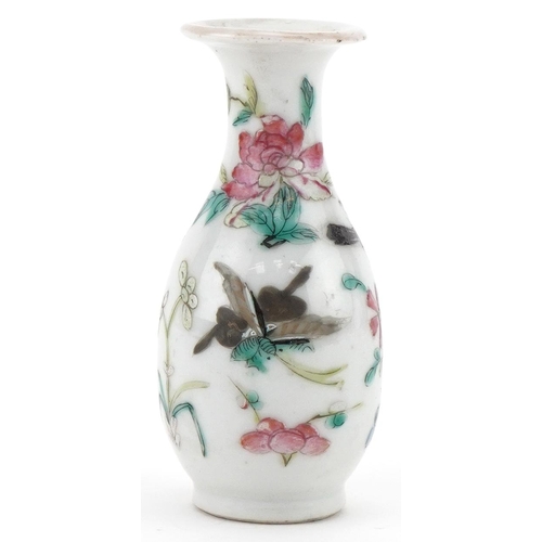 1204 - Miniature Chinese bottle vase hand painted with birds and flowers, character mark to the base, 9cm h... 