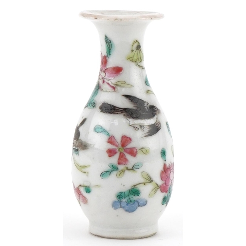 1204 - Miniature Chinese bottle vase hand painted with birds and flowers, character mark to the base, 9cm h... 