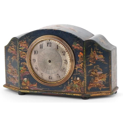 2179 - Edwardian lacquer mantle clock decorated in the chinoiserie manner, 14cm high