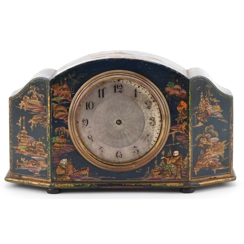 2179 - Edwardian lacquer mantle clock decorated in the chinoiserie manner, 14cm high