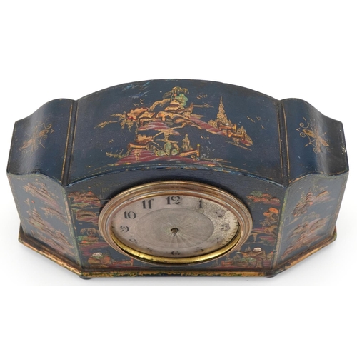 2179 - Edwardian lacquer mantle clock decorated in the chinoiserie manner, 14cm high