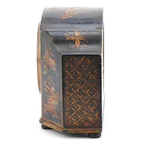 2179 - Edwardian lacquer mantle clock decorated in the chinoiserie manner, 14cm high