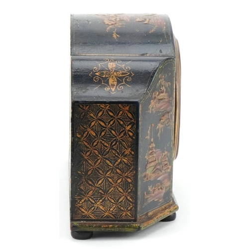 2179 - Edwardian lacquer mantle clock decorated in the chinoiserie manner, 14cm high