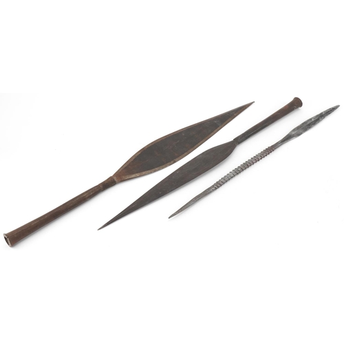 1325 - Three tribal interest steel spears, the largest 53cm in length