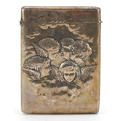 1030 - Henry Matthews, Edwardian silver card case embossed with Putti, Birmingham 1904, 10.5cm high, 75.5g