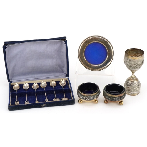 1246 - Silver and silverplate including a pair of Victorian gilt metal open salts, miniature circular silve... 