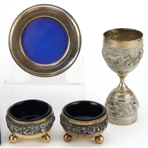 1246 - Silver and silverplate including a pair of Victorian gilt metal open salts, miniature circular silve... 