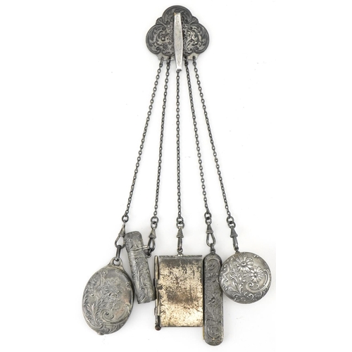 1241 - Early 20th century white metal chatelaine with attachments and a mother of pearl card case, the chat... 