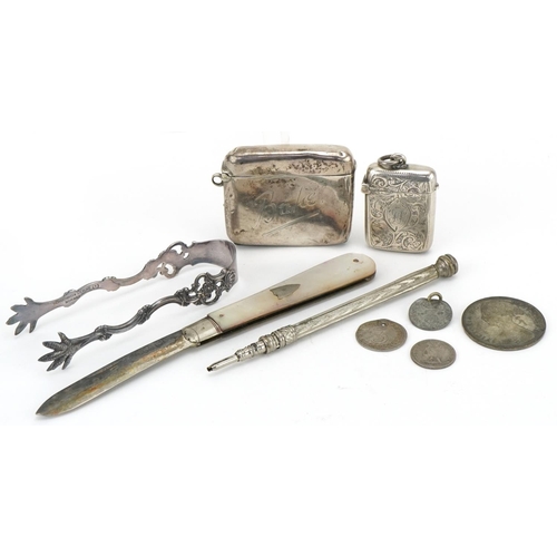 1271 - Silver and white metal objects including a pair of Norwegian sterling silver sugar tongs, two silver... 