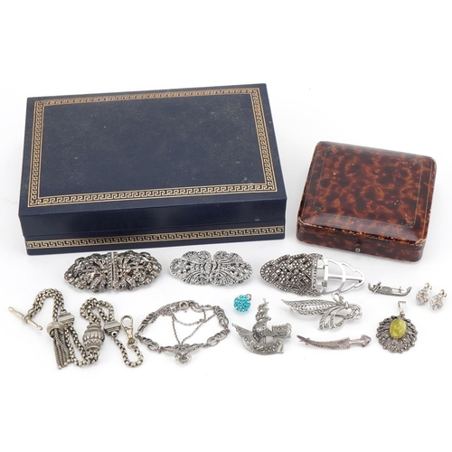 3559 - Antique and later silver and white metal jewellery, some marcasite, including two piece buckles and ... 