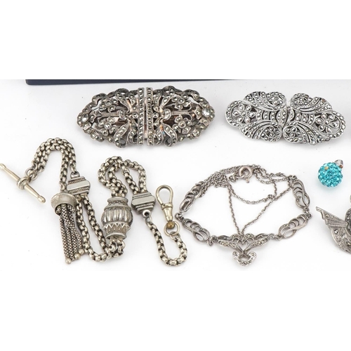 3559 - Antique and later silver and white metal jewellery, some marcasite, including two piece buckles and ... 