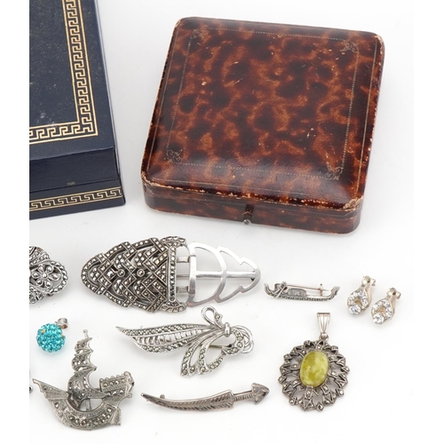 3559 - Antique and later silver and white metal jewellery, some marcasite, including two piece buckles and ... 