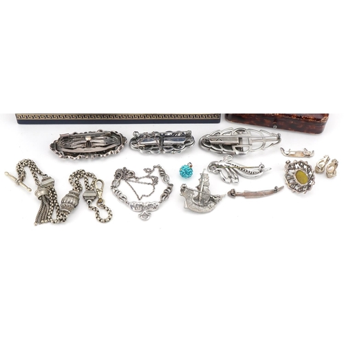 3559 - Antique and later silver and white metal jewellery, some marcasite, including two piece buckles and ... 