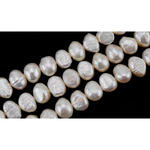 3545 - Freshwater pearl three row necklace with silver clasp, 44cm in length, 124.0g