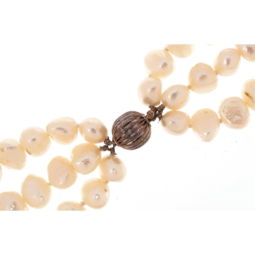 3545 - Freshwater pearl three row necklace with silver clasp, 44cm in length, 124.0g