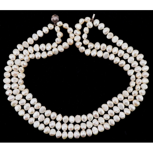 3545 - Freshwater pearl three row necklace with silver clasp, 44cm in length, 124.0g