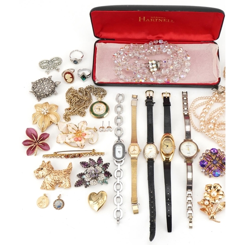 3543 - Vintage and later costume jewellery and wristwatches including jewelled brooches, simulated pearl ne... 