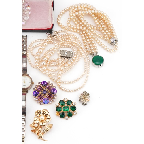 3543 - Vintage and later costume jewellery and wristwatches including jewelled brooches, simulated pearl ne... 