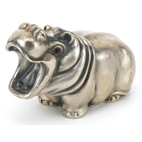 1131 - Silver hippopotamus with cabochon ruby eyes, impressed Russian marks to the base, 7cm in length, 70.... 