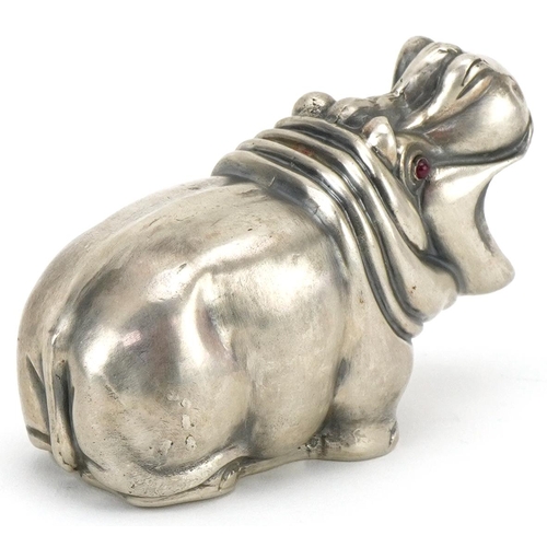 1131 - Silver hippopotamus with cabochon ruby eyes, impressed Russian marks to the base, 7cm in length, 70.... 