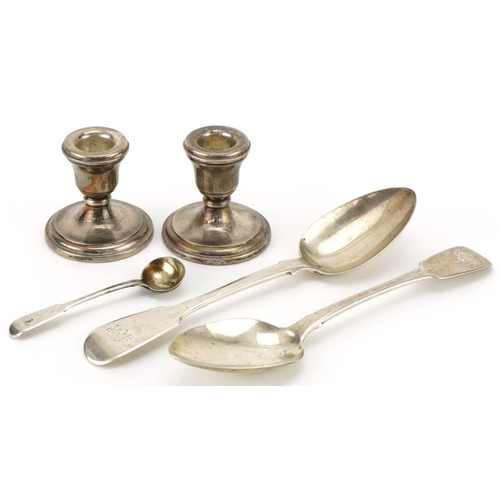 1130 - Georgian and later silver comprising a pair of George III tablespoons, mustard spoon and pair of dwa... 