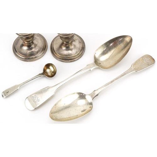 1130 - Georgian and later silver comprising a pair of George III tablespoons, mustard spoon and pair of dwa... 