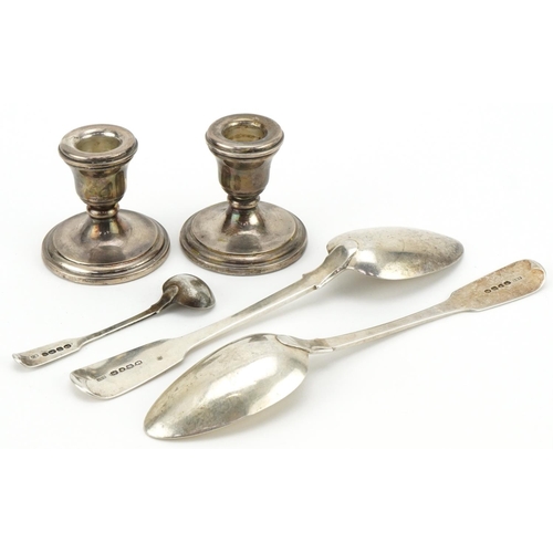 1130 - Georgian and later silver comprising a pair of George III tablespoons, mustard spoon and pair of dwa... 