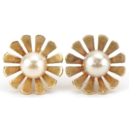 3052 - Pair of 9ct gold cultured pearl flower head stud earrings, 1.2cm in diameter, total 1.8g