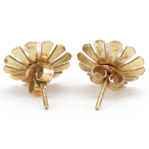 3052 - Pair of 9ct gold cultured pearl flower head stud earrings, 1.2cm in diameter, total 1.8g