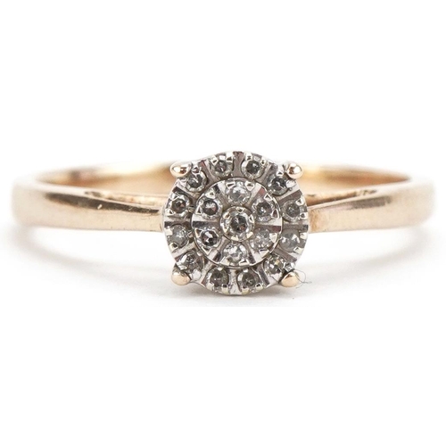 3017 - 9ct gold diamond cluster ring, total diamond weight approximately 0.10 carat, size Q, 2.2g