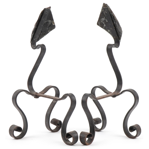 155 - Pair of Arts & Crafts copper and wrought iron Fleur de Lys design firedogs, 45cm high