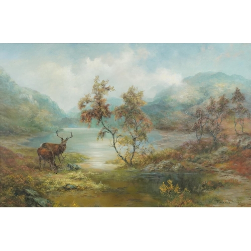 1136 - Prudence Turner - Stags in Highland setting, oil on canvas, contemporary mounted in a gilt frame, 74... 