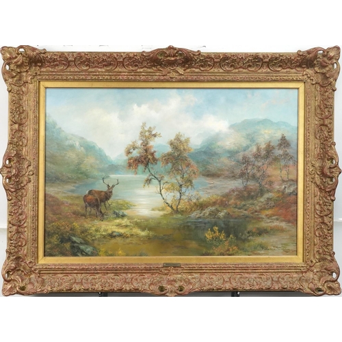 1136 - Prudence Turner - Stags in Highland setting, oil on canvas, contemporary mounted in a gilt frame, 74... 