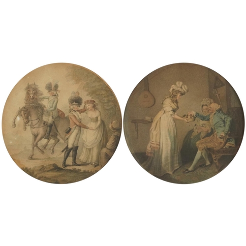 2234 - Courting ladies, pair of early Victorian prints, contemporary gilt framed and glazed, 30cm in diamet... 