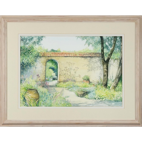 1387 - Heather Winney - Walled cottage floral garden with archway, watercolour, mounted, framed and glazed,... 