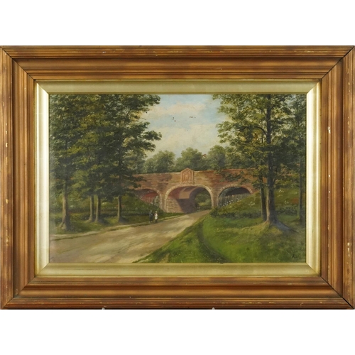 1367 - Children on a path by a bridge on a wooded park, Victorian oil on canvas, contemporary mounted, fram... 