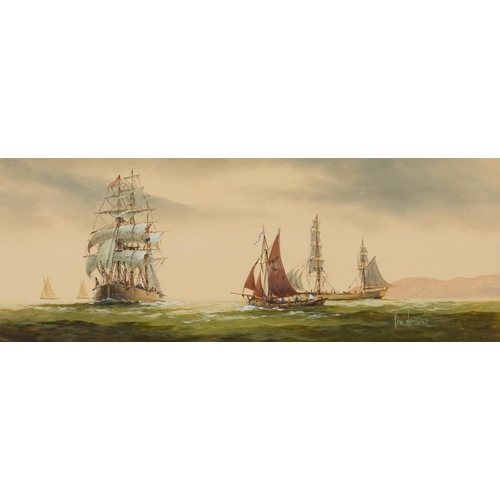 1185 - Ken Hammond - Ships off a coastline, watercolour, contemporary mounted, framed and glazed, 40cm x 15... 