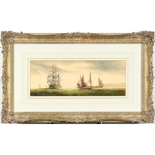 1185 - Ken Hammond - Ships off a coastline, watercolour, contemporary mounted, framed and glazed, 40cm x 15... 