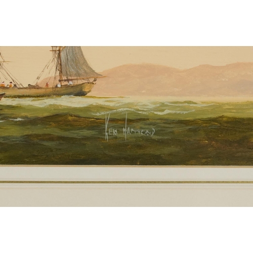 1185 - Ken Hammond - Ships off a coastline, watercolour, contemporary mounted, framed and glazed, 40cm x 15... 