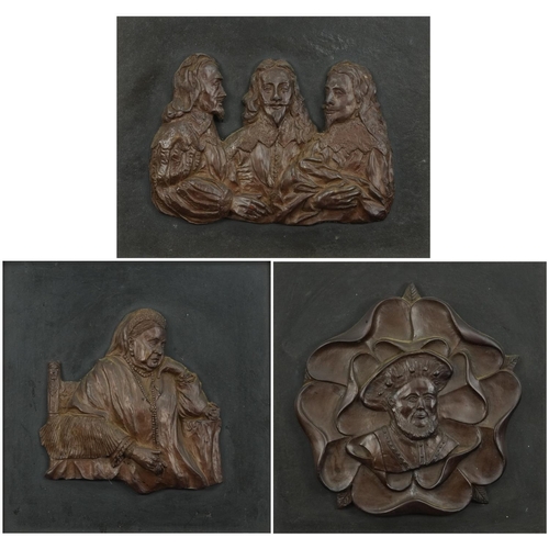 1228 - Queen Victoria, Henry VIII and Charles I, three commemorative relief plaques, mounted in wooden fram... 