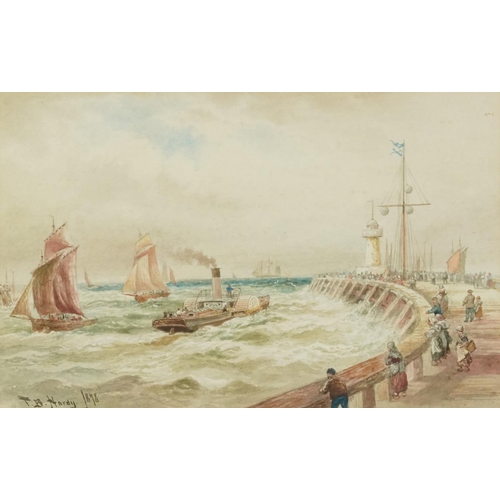 1143 - T B Hardy 1878 - Paddle steamer off pier and lighthouse with crowd, watercolour, mounted, framed and... 