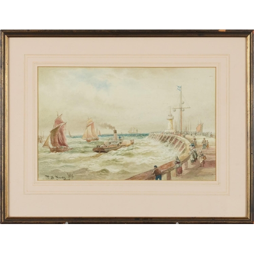 1143 - T B Hardy 1878 - Paddle steamer off pier and lighthouse with crowd, watercolour, mounted, framed and... 