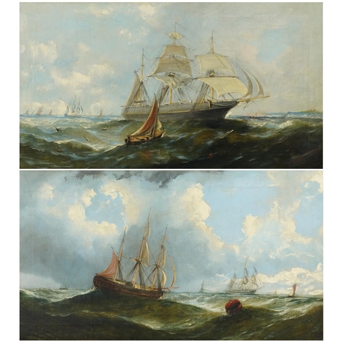 1187 - Ships in full sail off a coastline in rough seas, pair of 19th century oil on canvases, indistinctly... 