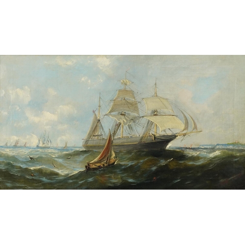 1187 - Ships in full sail off a coastline in rough seas, pair of 19th century oil on canvases, indistinctly... 