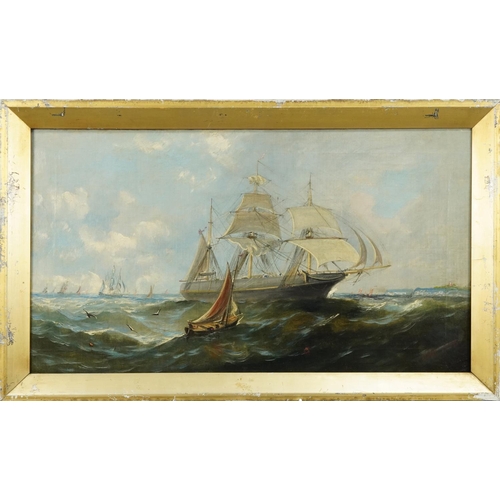 1187 - Ships in full sail off a coastline in rough seas, pair of 19th century oil on canvases, indistinctly... 