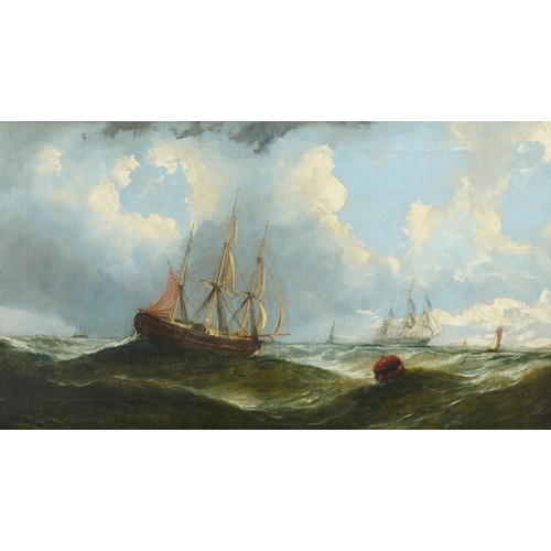 1187 - Ships in full sail off a coastline in rough seas, pair of 19th century oil on canvases, indistinctly... 