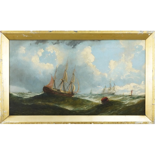 1187 - Ships in full sail off a coastline in rough seas, pair of 19th century oil on canvases, indistinctly... 