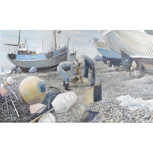 1183 - Anthony R Cooke - Repairing fishing boats on the shoreline, oil on canvas, unframed, 150cm x 90cm