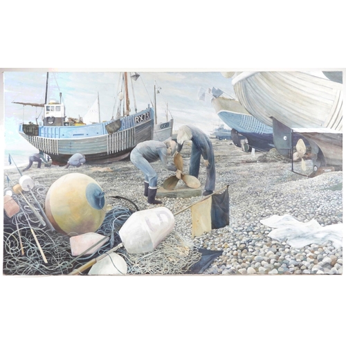 1183 - Anthony R Cooke - Repairing fishing boats on the shoreline, oil on canvas, unframed, 150cm x 90cm