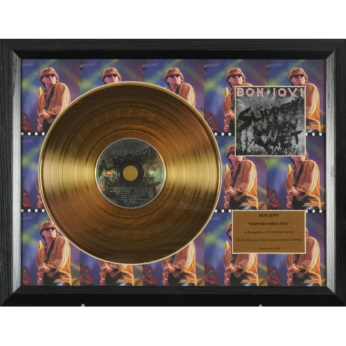 1457 - Plastic Ono Band framed record, gold plated Bon Jovi disc Slippery When Wet, Michael Jackson gold pl... 